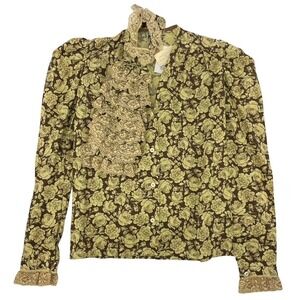 Illusions Women's Blouse Floral Ruffle Brown Vintage 1970s